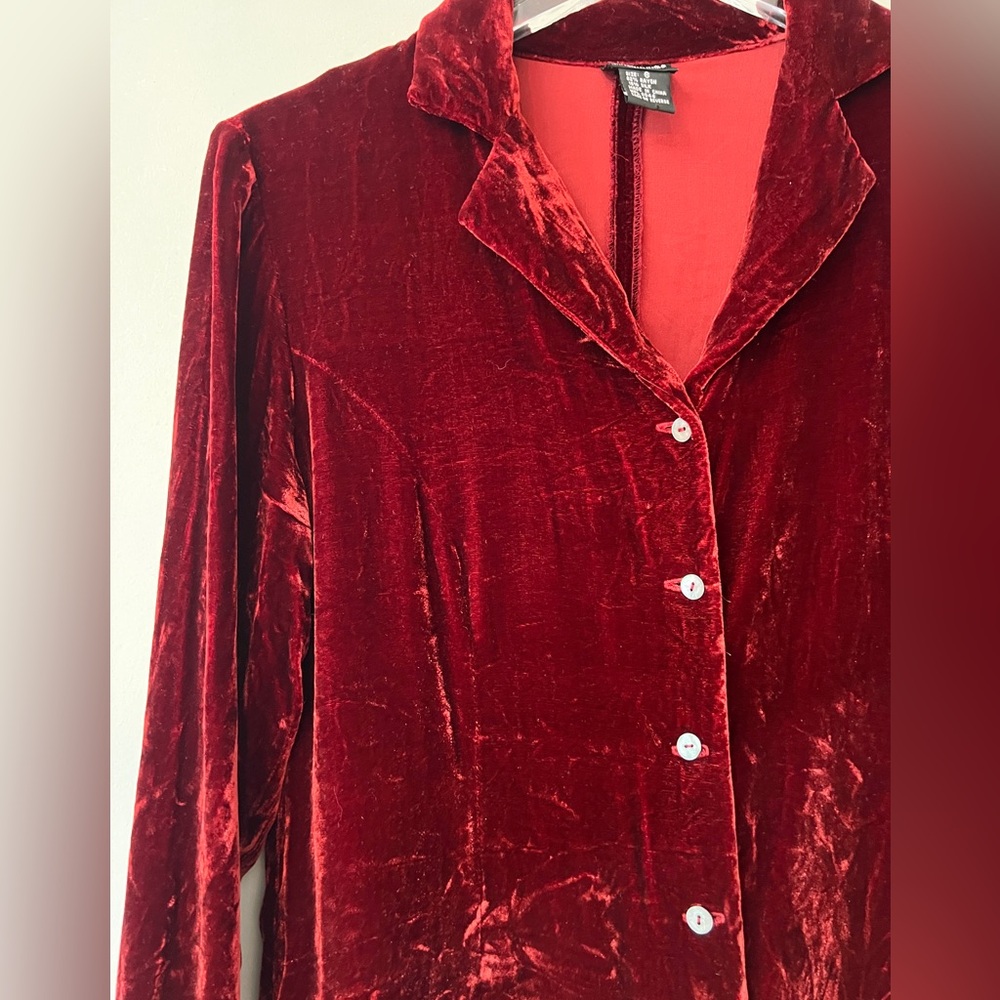 90s Deep Red Crushed Velvet Buttondown Blouse